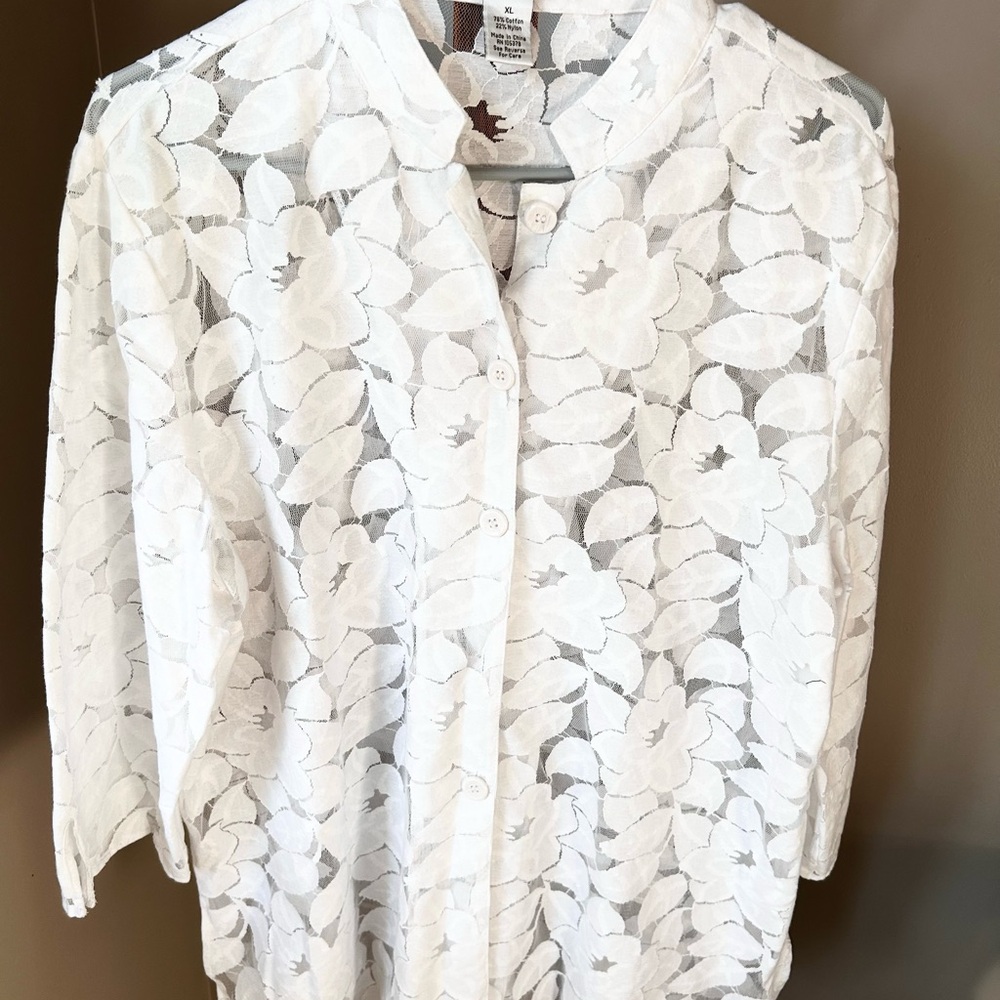 White Floral Lace Button-Up Top